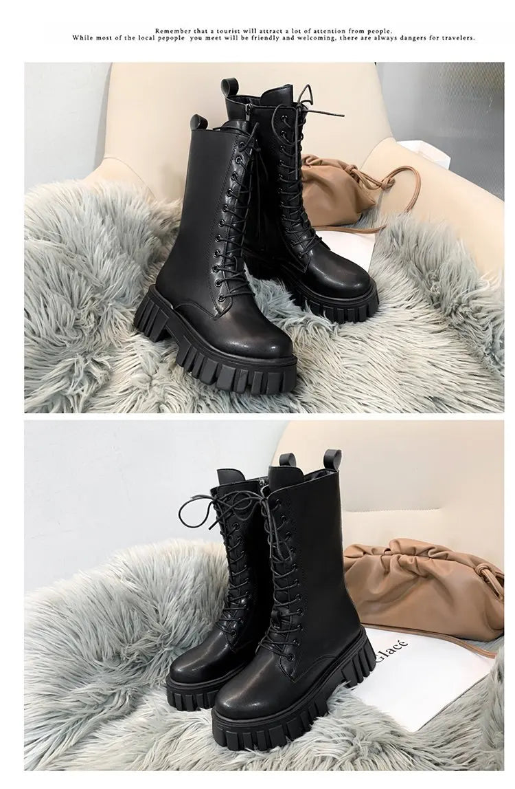 Winter Boots Female 2025 New British Womens Shoes Thick Bottom Mid-calf Single Boots Thick Heeled Casual Ankle Boots for Women