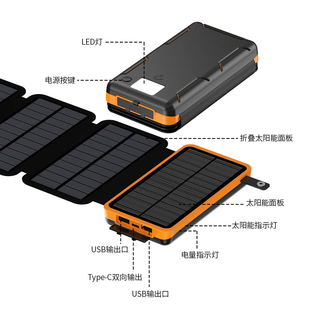 Portable 25000mAh Solar Power Bank Folding Solar Power Bank with 4 Solar Panels External Battery LED Light Powerbank