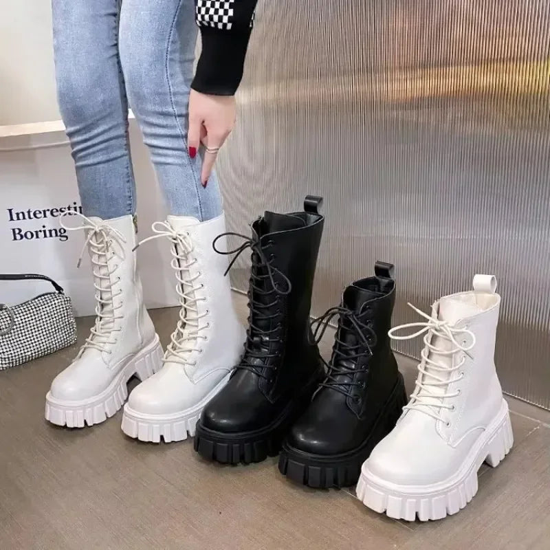 Winter Boots Female 2025 New British Womens Shoes Thick Bottom Mid-calf Single Boots Thick Heeled Casual Ankle Boots for Women