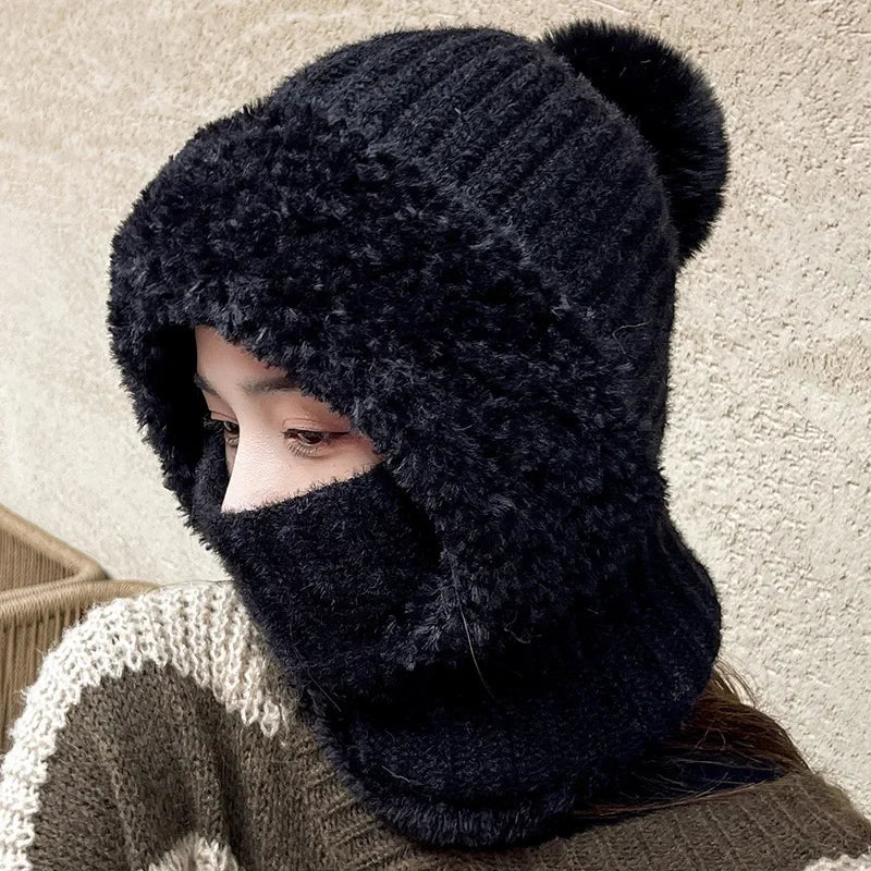 Winter Warm Balaclava Hat Thermal Knitting Plush Face Mask Hooded Neck Warmer for Outdoor Hike Cycling Cold-proof Cap