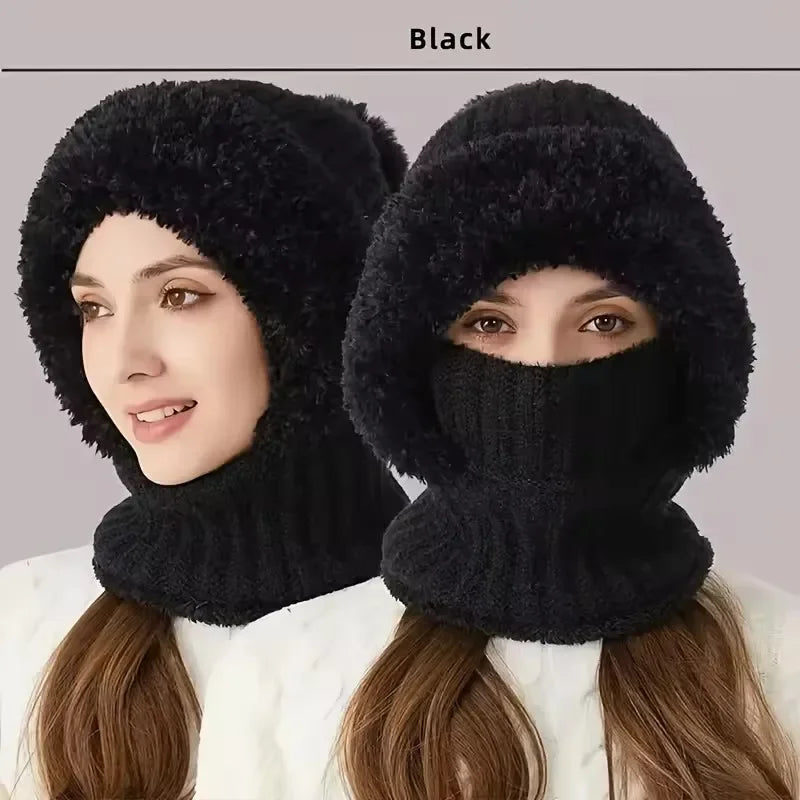 Winter Warm Balaclava Hat Thermal Knitting Plush Face Mask Hooded Neck Warmer for Outdoor Hike Cycling Cold-proof Cap