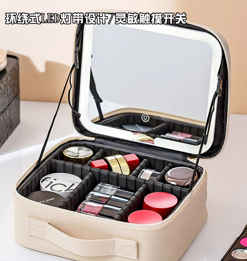 New LED illuminated makeup bag with mirror case, large capacity, high-end feel, portable and handheld
