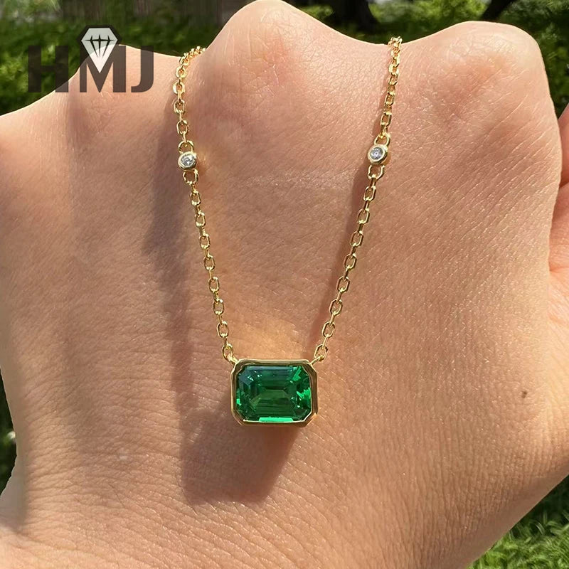 Lab Grown Dimaond and Lab Emerald Necklace for Women Solid 18K 14K 10K 925 Sliver Yellow Gold Emerald Pendant for Anniversary