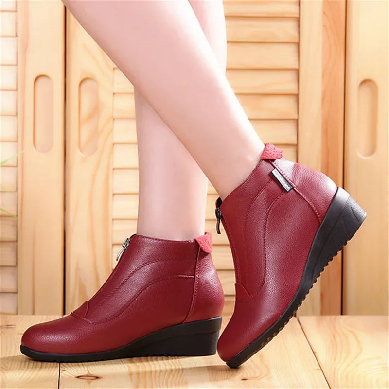 BEYARNE Autumn Winter Boots Women Ankle Boots Shoes Woman Fashion Wedges Heels Woman Boots High Quality Leather Shoes Female zip