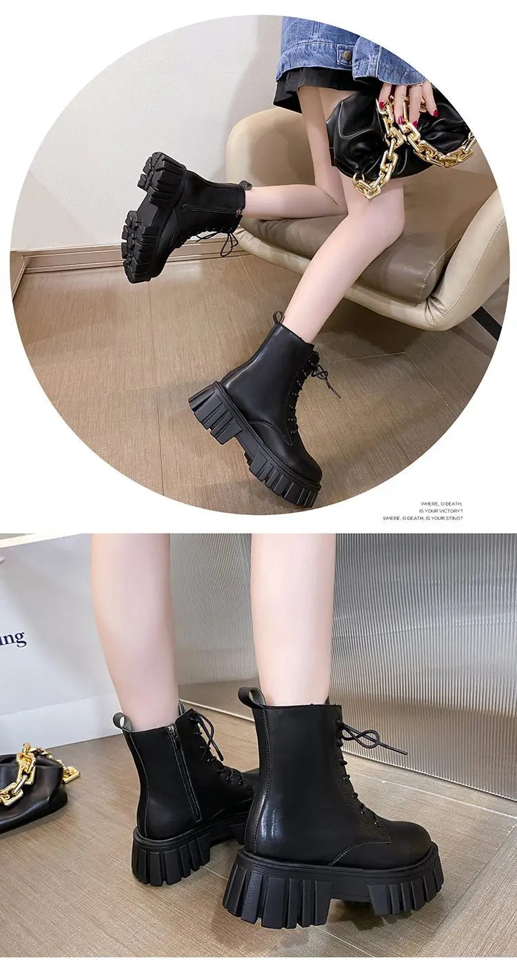 Winter Boots Female 2025 New British Womens Shoes Thick Bottom Mid-calf Single Boots Thick Heeled Casual Ankle Boots for Women