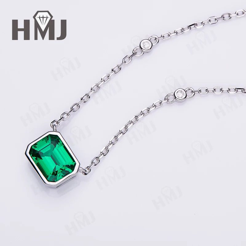 Lab Grown Dimaond and Lab Emerald Necklace for Women Solid 18K 14K 10K 925 Sliver Yellow Gold Emerald Pendant for Anniversary