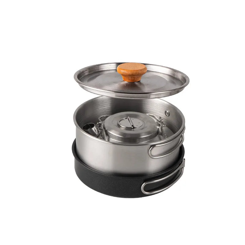 Camping Cookware Stainless Steel Set Outdoor Hiking Portable Picnic Tableware Kit Pot Frying Pan Kettle Set For Outdoor Cooking