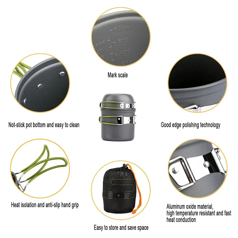 Portable Compact Camping Cookware Set With Tableware 1-2 Person Pot Stainless Steel Pots Pans Kit for Picnic Outdoor Cooking