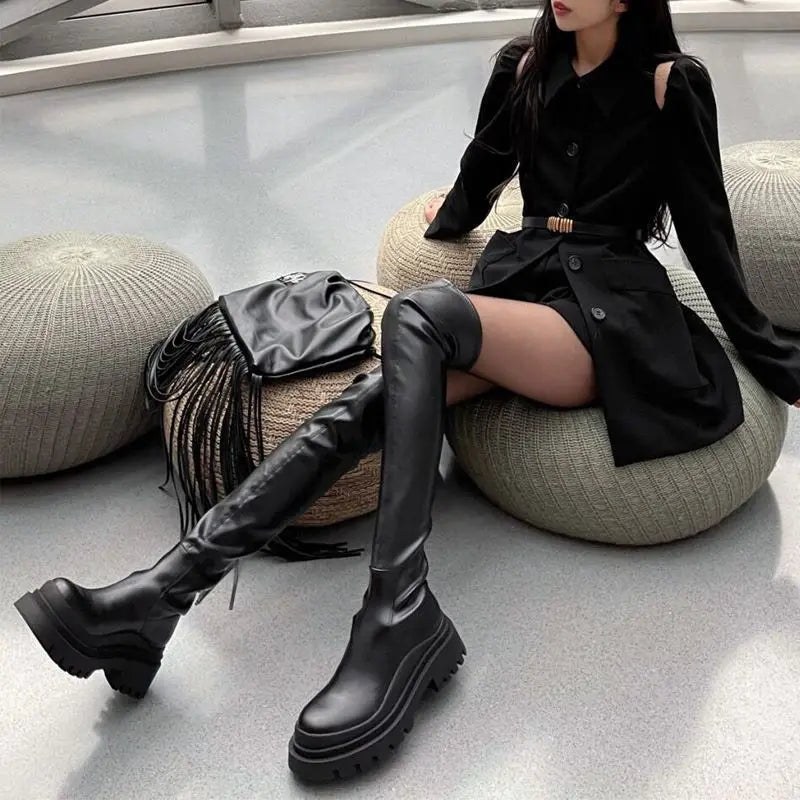 Women Pointed Toe Over The Knee Boots Women's Flock Thigh High Boots Winter Ladies Slim Super High Heels Female Shoes