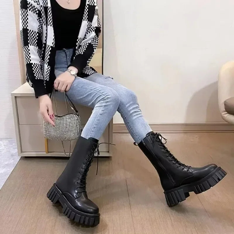 Winter Boots Female 2025 New British Womens Shoes Thick Bottom Mid-calf Single Boots Thick Heeled Casual Ankle Boots for Women