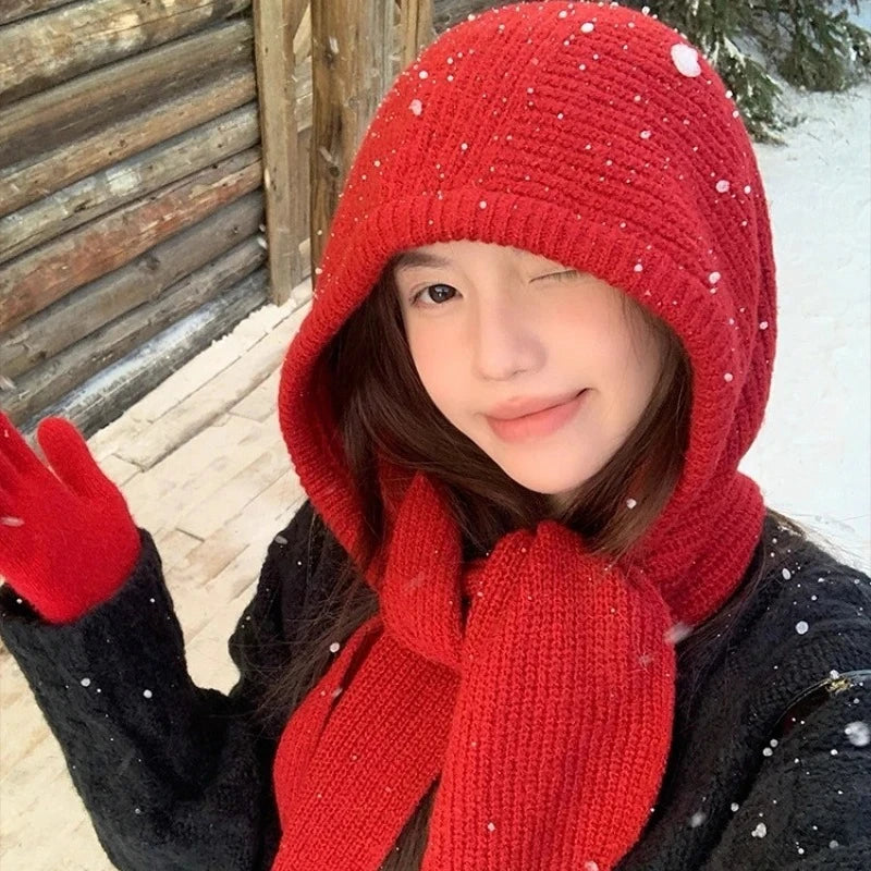 winter warm Balaclava Bonnet Women Beanies Hat Scarf One-piece Thickened Warm Neck Protection Winter Outdoor Thermal Scarf Hood