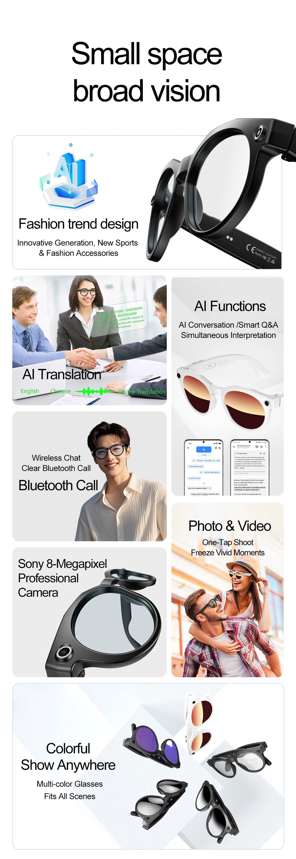 2025 AI Smart Glasses with 8MP Camera Video Recording Translation Sunglasses Bluetooth Call IP66 Waterproof AI Glasses Men Women