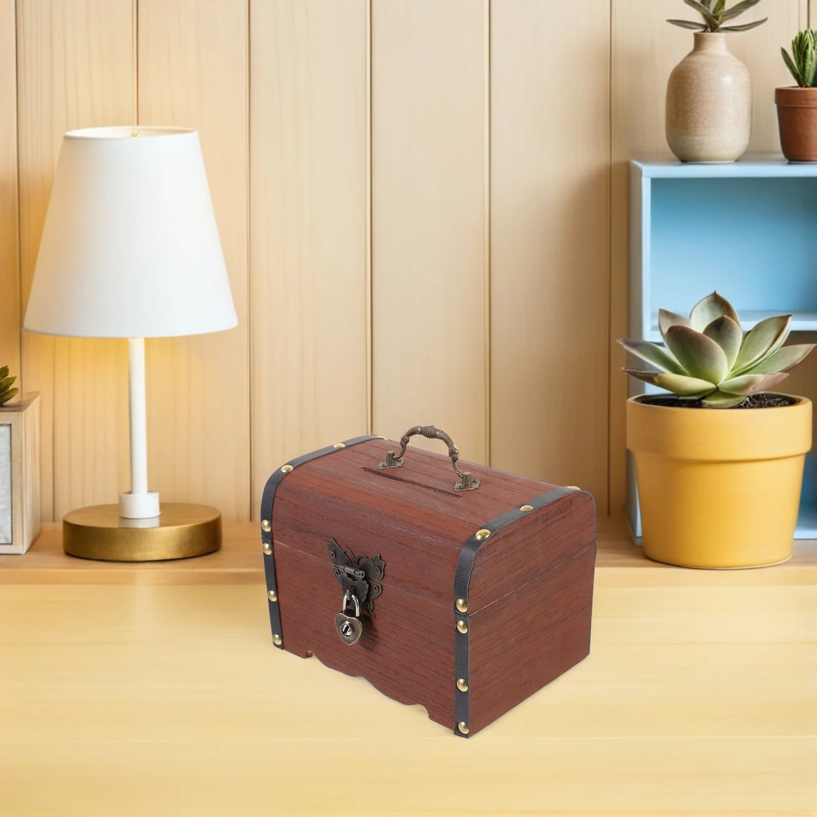 Vintage Wooden Treasure Box Lockable Jewelry Organizer Decorative Keepsake Chest for Home Decor 's Room Travel