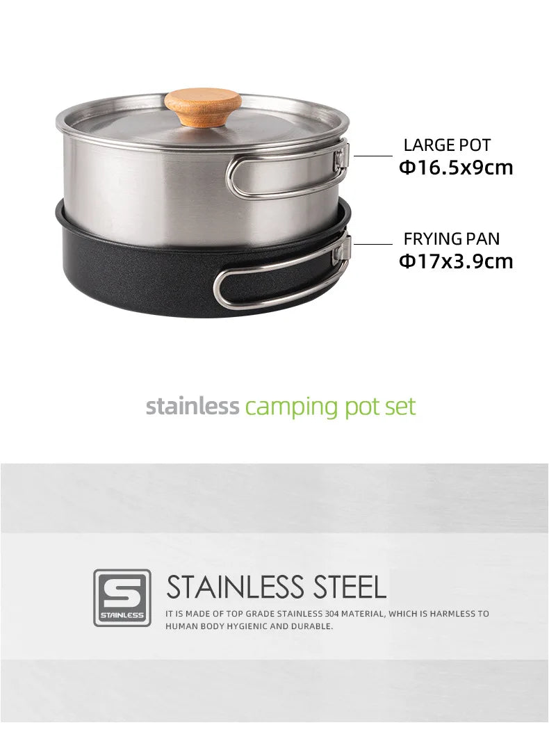 Camping Cookware Stainless Steel Set Outdoor Hiking Portable Picnic Tableware Kit Pot Frying Pan Kettle Set For Outdoor Cooking