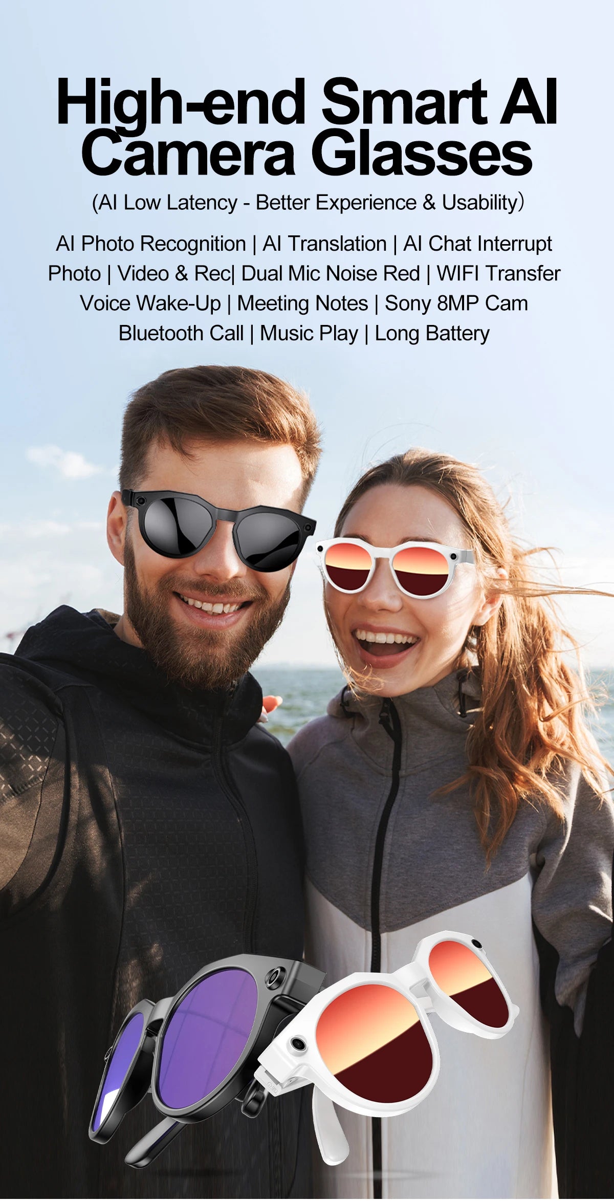 2025 AI Smart Glasses with 8MP Camera Video Recording Translation Sunglasses Bluetooth Call IP66 Waterproof AI Glasses Men Women
