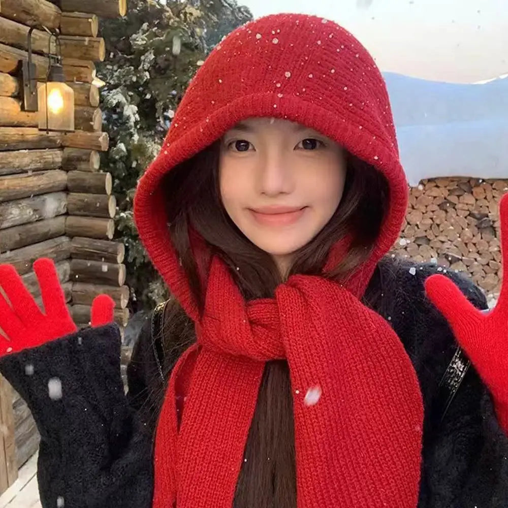 Knitted Winter Balaclava One-Piece Hooded Hat Ear Protection Cap Winter Accessories Thickened Neck Collar Unisex Wear