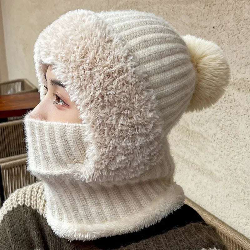 Winter Warm Balaclava Hat Thermal Knitting Plush Face Mask Hooded Neck Warmer for Outdoor Hike Cycling Cold-proof Cap