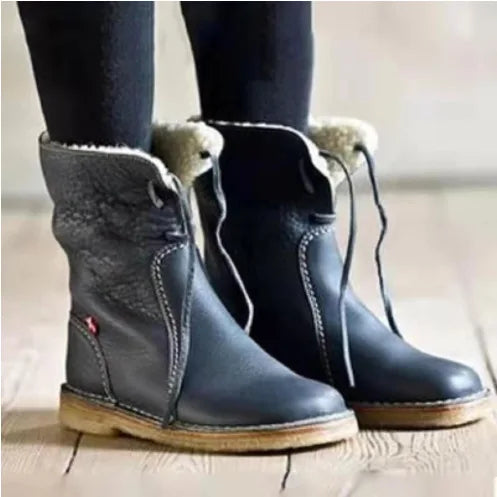 Women's Winter Boots 2025 New PU Leather Women Boots Comfortable Flat Fleece Warm Shoes Women's Ankle Boots Female Footwear