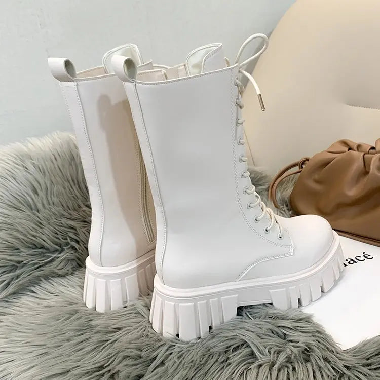 Winter Boots Female 2025 New British Womens Shoes Thick Bottom Mid-calf Single Boots Thick Heeled Casual Ankle Boots for Women