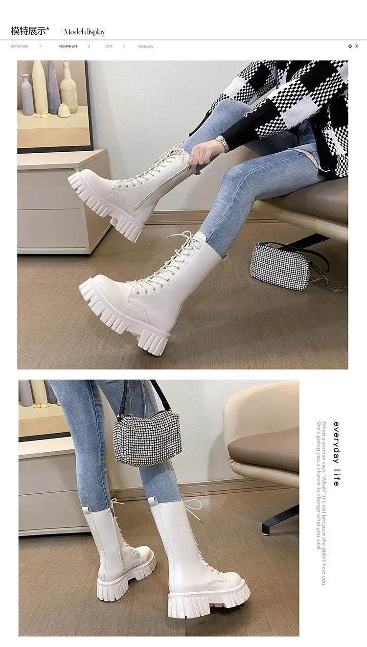 Winter Boots Female 2025 New British Womens Shoes Thick Bottom Mid-calf Single Boots Thick Heeled Casual Ankle Boots for Women
