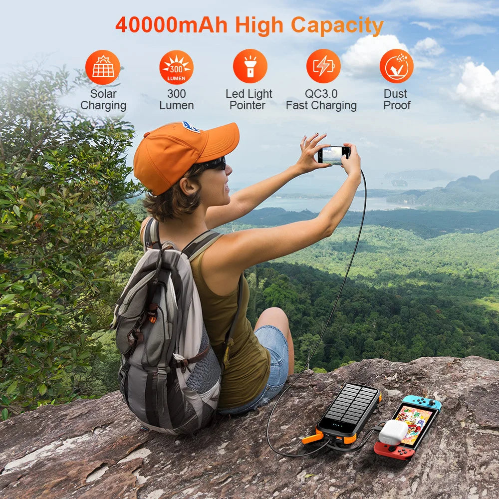 40000mAh Solar Power Bank With Cable Portable Charging Poverbank External Battery Charger Strong Flashlight  for All Smartphones