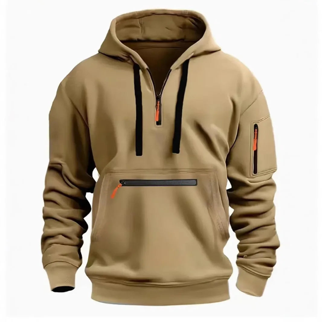 Men's hooded drawstring zipper pocket autumn and winter Hoodies fashion casual daily street solid color plus cashmere warm Tops