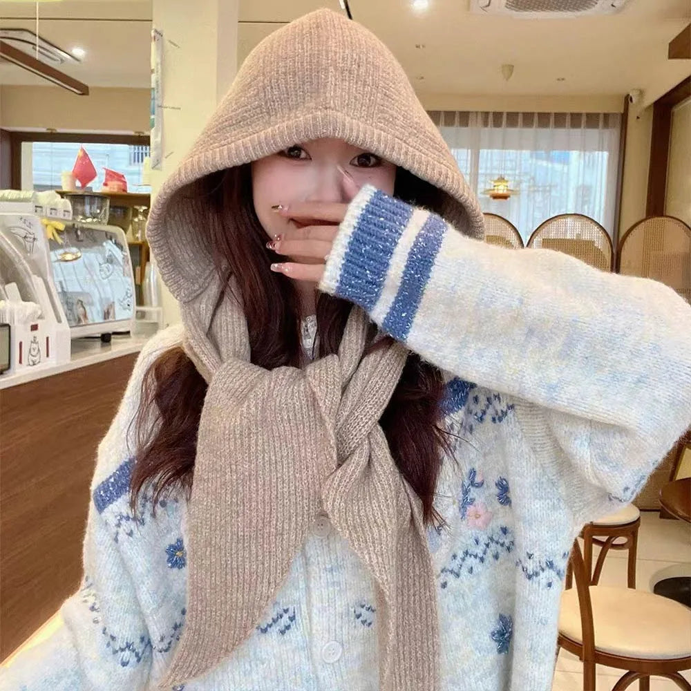 Knitted Winter Balaclava One-Piece Hooded Hat Ear Protection Cap Winter Accessories Thickened Neck Collar Unisex Wear
