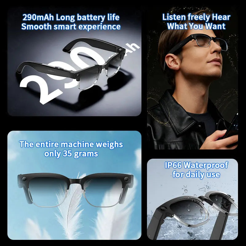 AI Smart Glasses 8 Million Pixels Recording Videos Photo Recognition Answer Translation 290mAh IP66 Waterproof Bluetooth Glasses