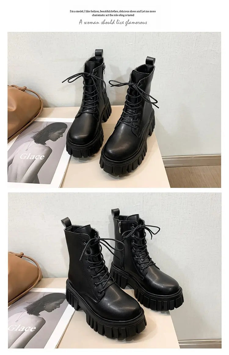 Winter Boots Female 2025 New British Womens Shoes Thick Bottom Mid-calf Single Boots Thick Heeled Casual Ankle Boots for Women