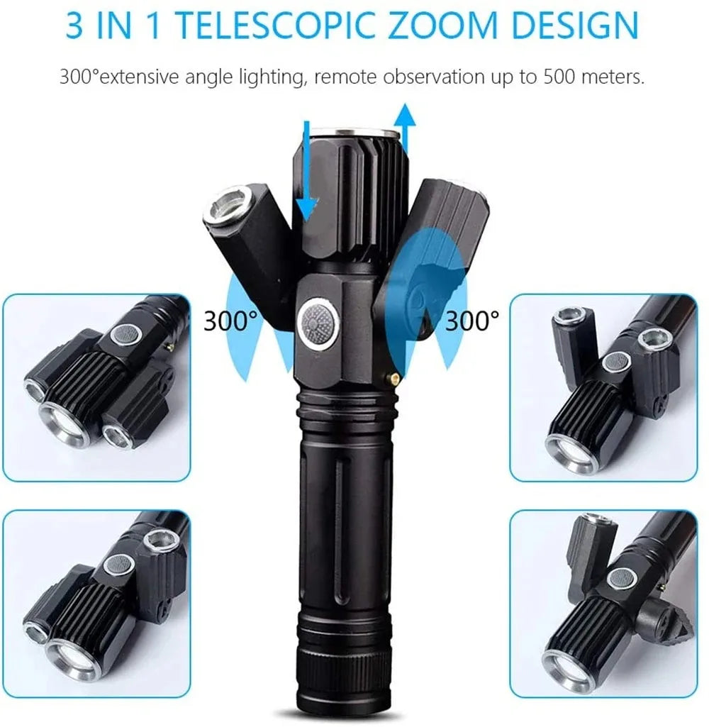 Tactical Flashlight 13000 Lumens 360' Adjustable USB Rechargeable Torch 18650 Hand Lamp Zoomable Bicycle Light Best For Camping