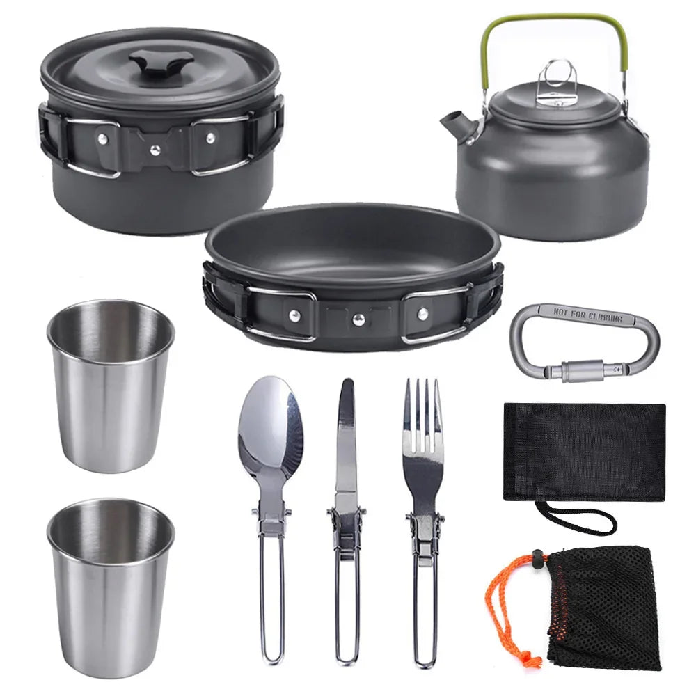 Camping Cookware Kit Outdoor Aluminum Cooking Set Water Kettle Pan Pot Travelling Hiking Picnic BBQ Tableware Equipment
