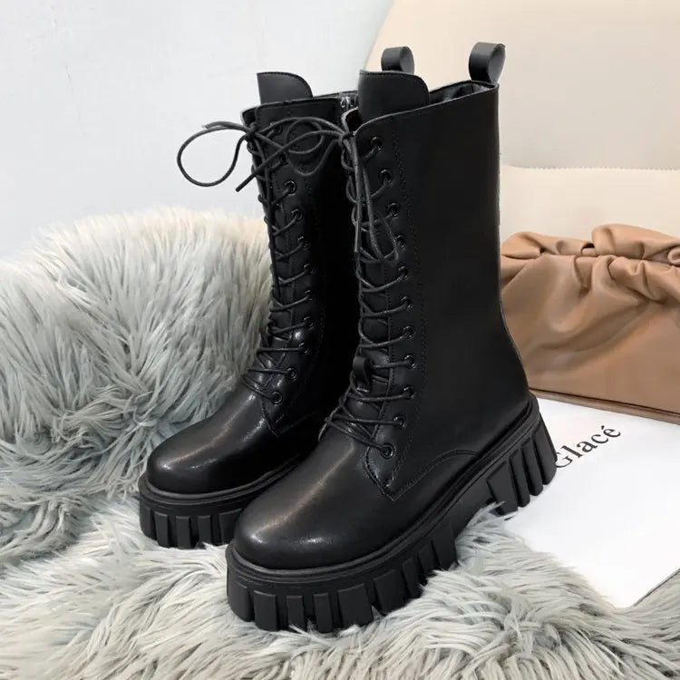 Winter Boots Female 2025 New British Womens Shoes Thick Bottom Mid-calf Single Boots Thick Heeled Casual Ankle Boots for Women