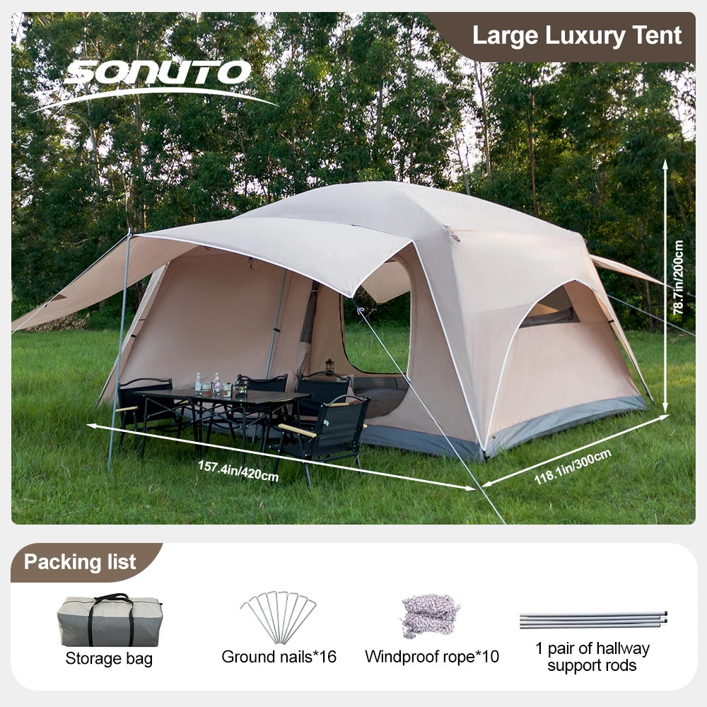 Outdoor Camping Tent for 3-12 People, Double Layers, Oversized 2 Rooms, Thickened, Rainproof, Waterproof Family Tent, Large Tent