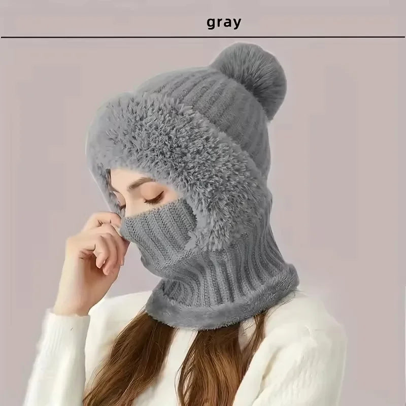 Winter Warm Balaclava Hat Thermal Knitting Plush Face Mask Hooded Neck Warmer for Outdoor Hike Cycling Cold-proof Cap