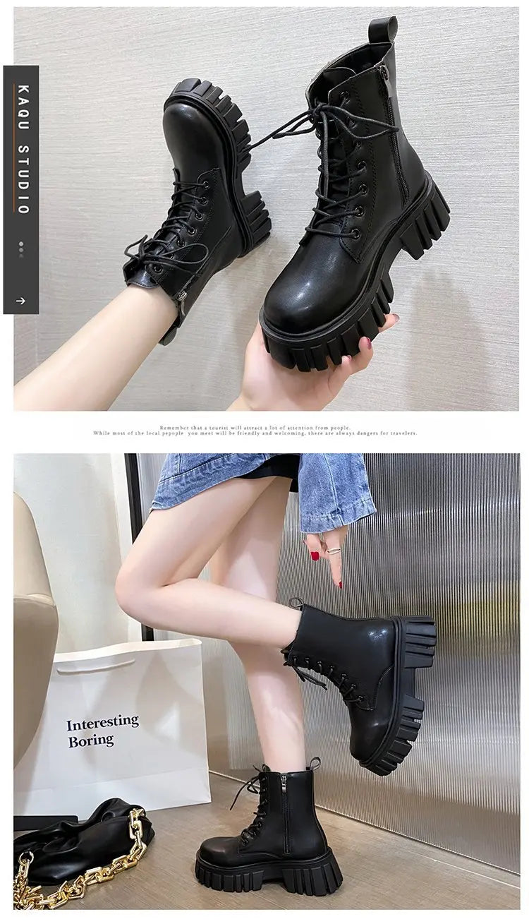 Winter Boots Female 2025 New British Womens Shoes Thick Bottom Mid-calf Single Boots Thick Heeled Casual Ankle Boots for Women