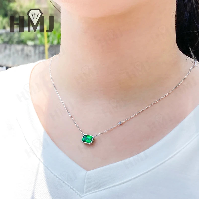 Lab Grown Dimaond and Lab Emerald Necklace for Women Solid 18K 14K 10K 925 Sliver Yellow Gold Emerald Pendant for Anniversary