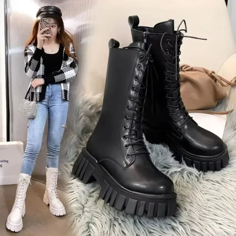 Winter Boots Female 2025 New British Womens Shoes Thick Bottom Mid-calf Single Boots Thick Heeled Casual Ankle Boots for Women