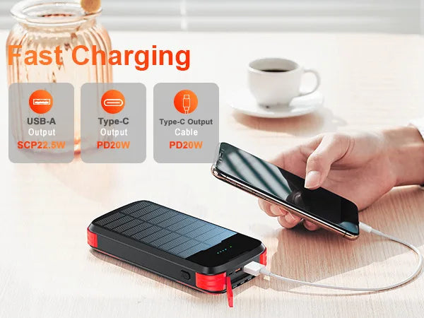 40000mAh Solar Power Bank With Cable Portable Charging Poverbank External Battery Charger Strong Flashlight  for All Smartphones