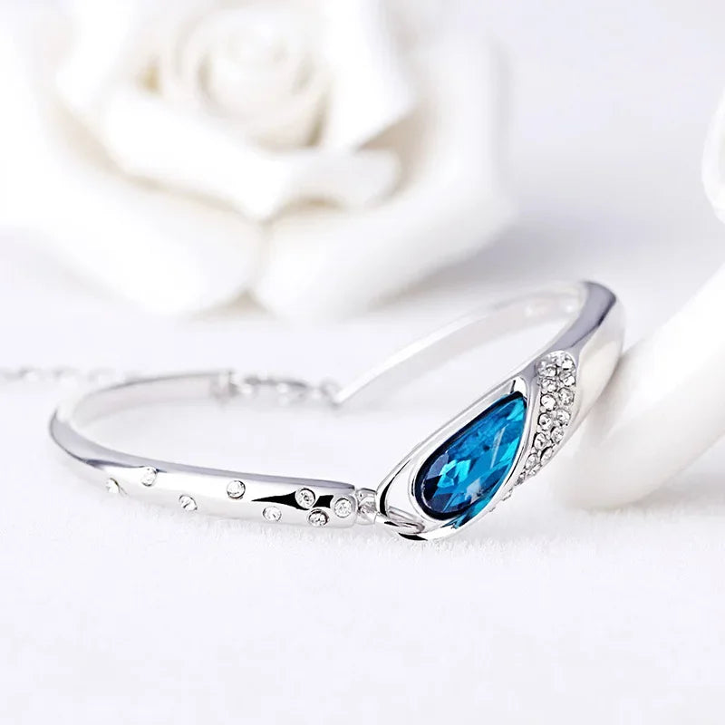 Lihong S925 Sterling Silver Bracelet Blue Crystal Bracelet for Women Jewelry Gift
