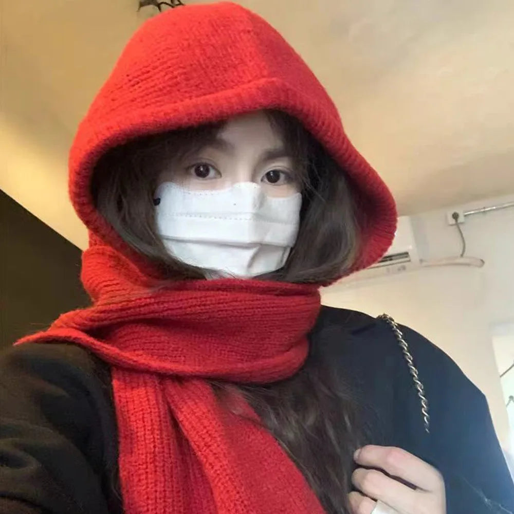 Knitted Winter Balaclava One-Piece Hooded Hat Ear Protection Cap Winter Accessories Thickened Neck Collar Unisex Wear