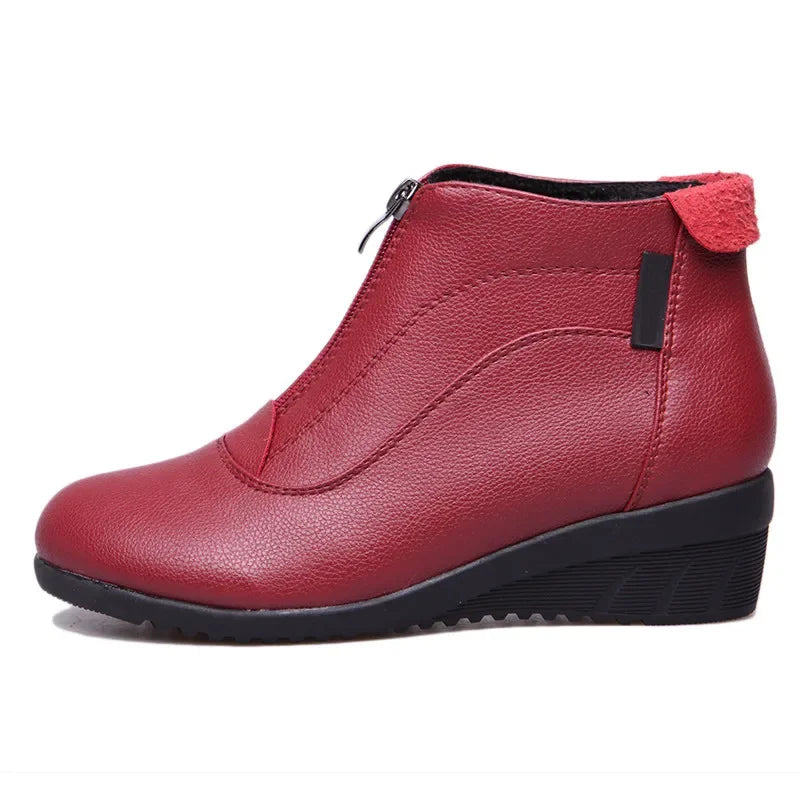 BEYARNE Autumn Winter Boots Women Ankle Boots Shoes Woman Fashion Wedges Heels Woman Boots High Quality Leather Shoes Female zip