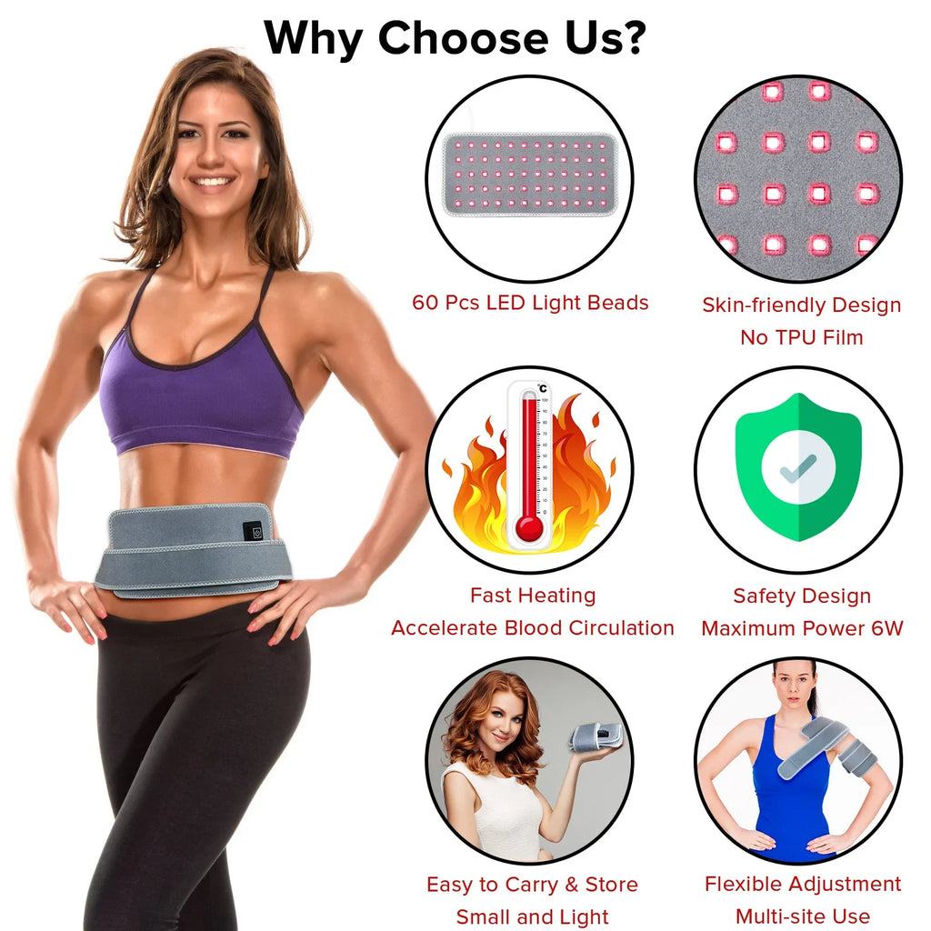 LED Red Light Therapy Belt for Pain Relief 660nm 850nm Red Infrared Light Pad for Waist Back Abdomen Knees Wrists Joints Muscle