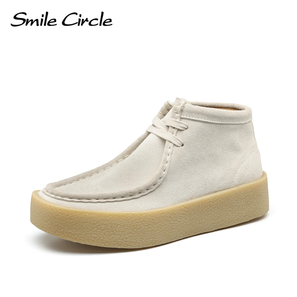 Smile Circle Wallabee Cup Cow Suede Leather Shoes Women Lace up Ankle Boots Thick Bottom Comfortable Flat Casual Sho