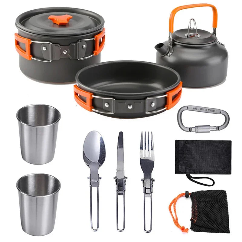 Camping Cookware Kit Outdoor Aluminum Cooking Set Water Kettle Pan Pot Travelling Hiking Picnic BBQ Tableware Equipment