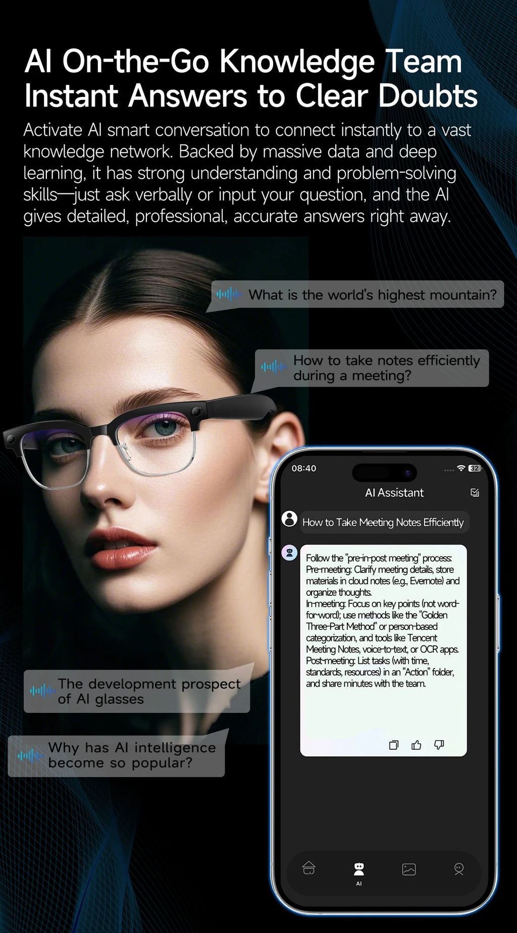 AI Smart Glasses 8 Million Pixels Recording Videos Photo Recognition Answer Translation 290mAh IP66 Waterproof Bluetooth Glasses