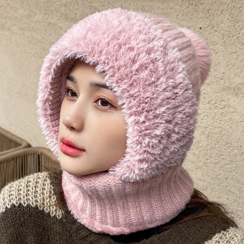 Winter Warm Balaclava Hat Thermal Knitting Plush Face Mask Hooded Neck Warmer for Outdoor Hike Cycling Cold-proof Cap