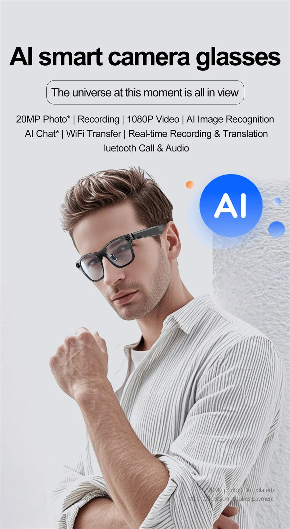 New AI Smart Glasses 500W Camera 1080P Video Smart Glasses with Camera Bluetooth Glasses Anti-Blue Light Glasses Everyday Wear