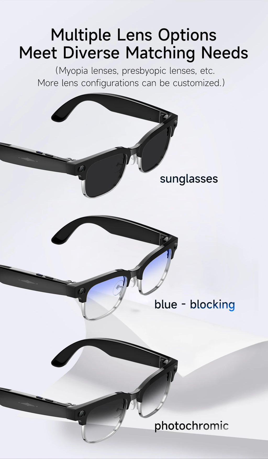 AI Smart Glasses 8 Million Pixels Recording Videos Photo Recognition Answer Translation 290mAh IP66 Waterproof Bluetooth Glasses