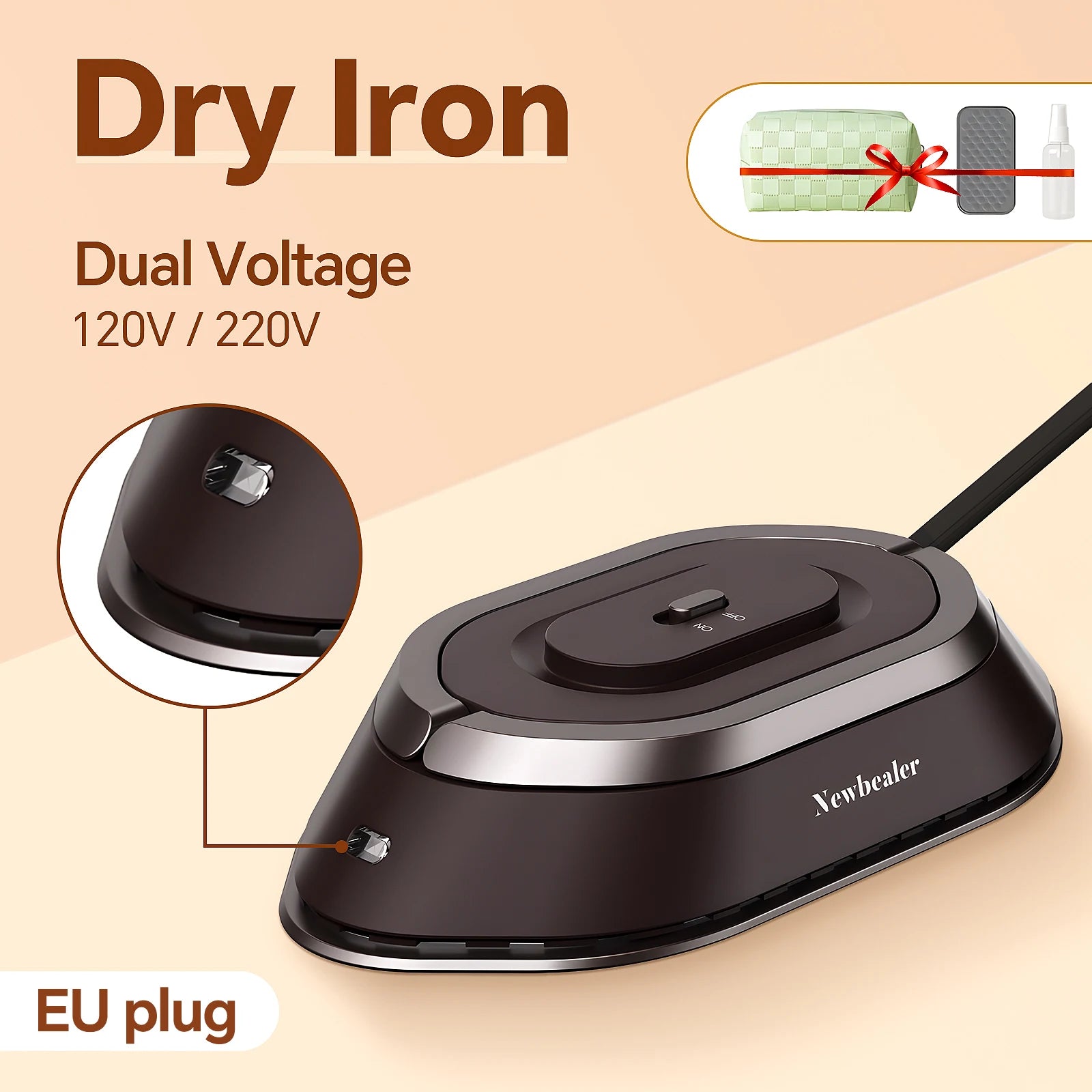 Travel Iron with Dual Voltage 120V/220V Handheld Mini Dry Iron for Clothes No Steam Non-Stick Ceramic Soleplate 30S Fast Heat
