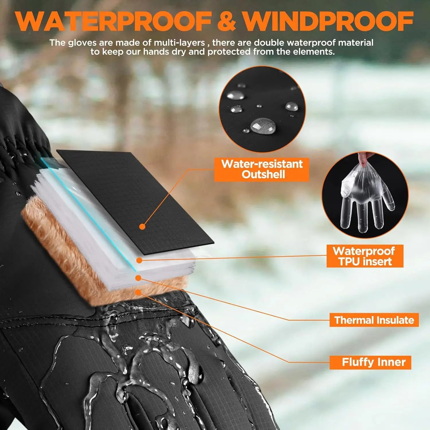 Winter Waterproof Warm Gloves Outdoor Sports Ski Snow Windproof for Cold Weather Thermal, for Fishing Hiking Hunting Cycling